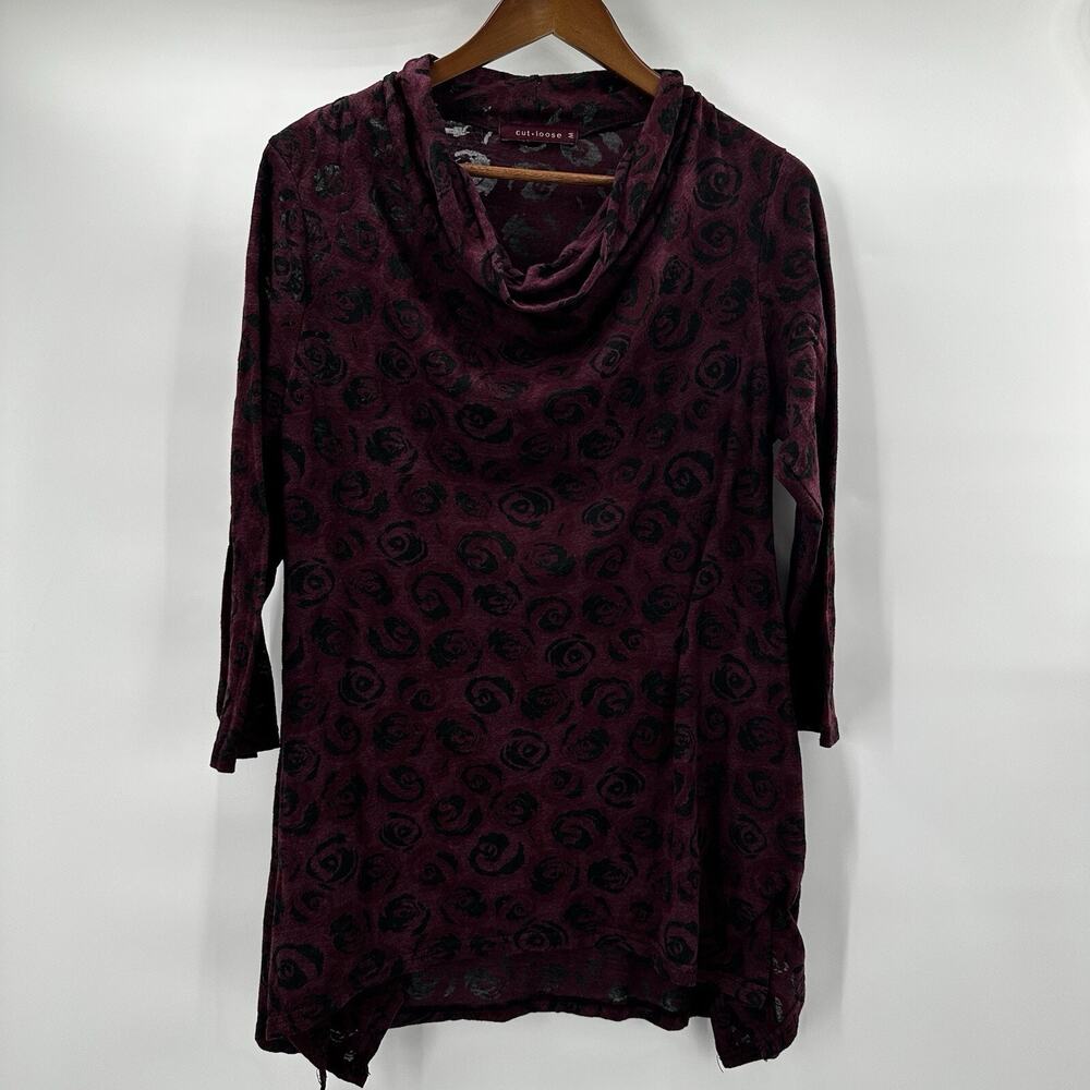 Cut Loose Top Shirt Tunic Womens Medium Purple‎ Art Burn out Long Dark Floral